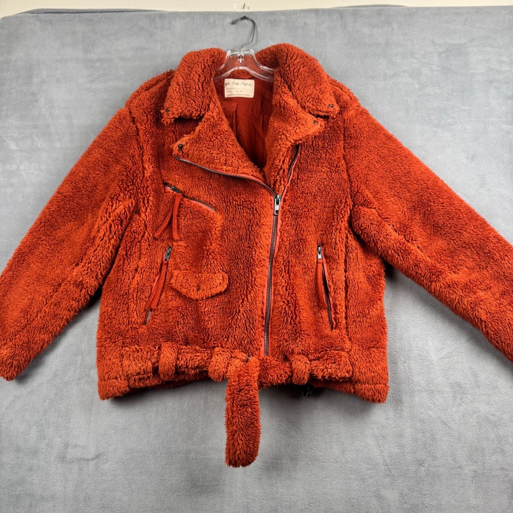 We The Free People Burnt Orange Sherpa Moto Jacket OB1387800 Rust Small